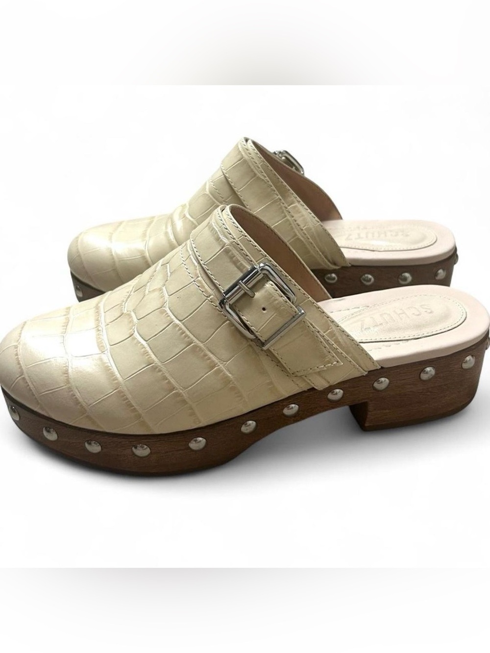 Schutz Smooshy Croc Embossed Clog Mules Wooden Heel Leather Studded  8.5 B Boho